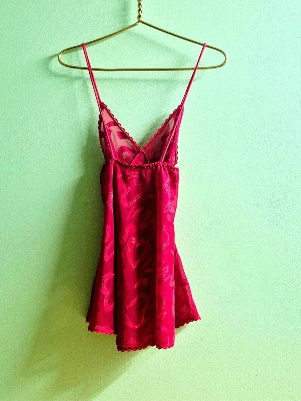 Vintage Red Heart Mesh Chemise – Lace Trim Sheer Night Slip - Picture 6 of 8